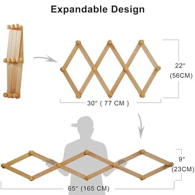 Dseap Expandable Coat Rack (Larger Version) - 24” High, Anti-Slip, Ultra Heavy Duty Wooden Accordian Wall Hanger with 10 Study Peg Hooks for Clothing Hats Jackets Bags, Brown - Image 3