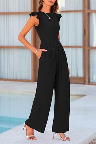 PRETTYGARDEN Summer Jumpsuits for Women Dressy 2025 Fashion Ruffle Cap Sleeve Romper Crew Neck Rib Knit One Piece Outfits (Black,Small) - Image 4