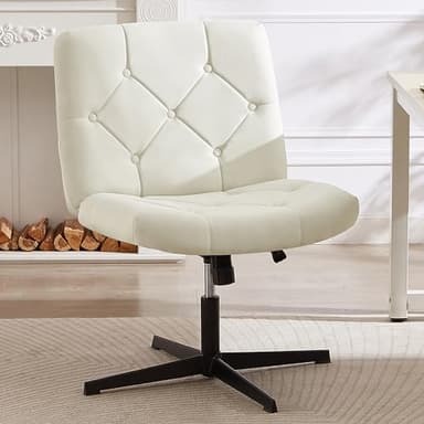 VECELO Modern Armless Criss Cross Chair No Wheels with Comfy Wide Fabric Padded Seat & Back, Swivel & Height Adjustable for Home/Bedroom/Make Up, Beige - Image 1