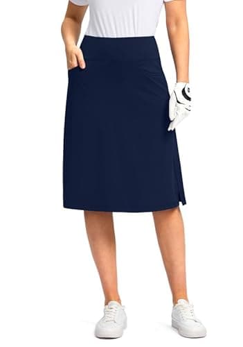 Viodia 25" Knee Length Skorts Skirts for Women with Zipper Pockets Stretchy Modest Aline Midi Skort for Casual Summer Travel Navy - Image 1