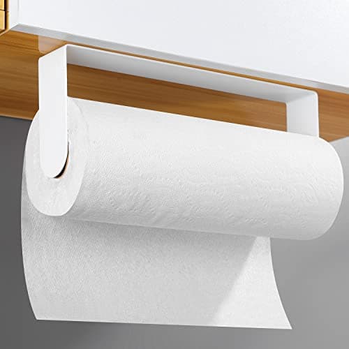YIGII Adhesive Paper Towel Holder Under Cabinet - Stainless Steel Paper Towel Rack Stick on Wall Mount for Kitchen, White - Image 1