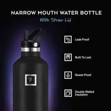 IRON °FLASK Camping & Hiking Hydration Canteens - 3 Lids (Narrow Straw Lid) Leak Proof Vacuum Insulated Stainless Steel - Hot & Cold Double Walled Sports Water Bottle - Midnight Black, 24 Oz - Image 2