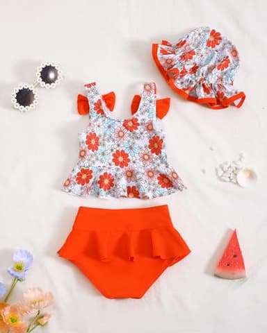 Mioglrie Toddler Bathing Suit Girl 3t 4t Swimsuit Girls Toddler Beach Swim Suit 2 Piece Orange Dasiy Bikini Summer Swimwear Tankini Set - Image 3