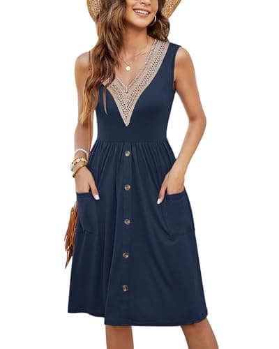MOLERANI Women Summer Dresses Sleeveless Casual Loose Swing Button Down Midi Dress with Pockets,Navy,L - Image 1