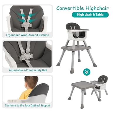 Convertible Baby 6-in-1 High Chair, for Children 6-36 Months with Safety Harness, Removable Tray & PU Cushion, Gray - Image 3
