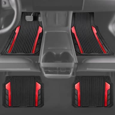 CAR PASS Heavy Duty Rubber Car Mats Metallic, Aluminum Film All Weather Floor Mats Waterproof Universal Trim to Fit Automotive SUV Sedan Van 4 Piece Anodized Deep Dish Two-Tone Sporty Black Red Chrome - Image 5