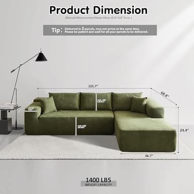 ovios 104" Cloud Sectional Couch with L-Shape Chaise,Modern Modular Sofa with Deep Seat, Upholstered Couches for Living Room Bedroom,No Assembly Required, Green (Cloud Velvet) - Image 2