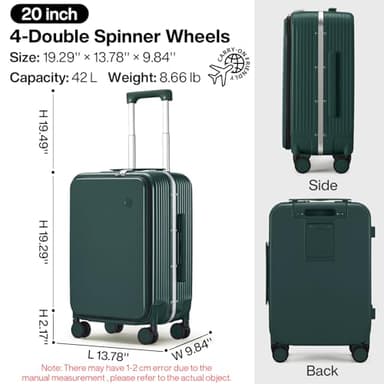 mixi Carry On Luggage with Cup Phone Holder and Charger Hard Shell Suitcases with Spinner Wheels,20 Inch Blackish Green - Image 6