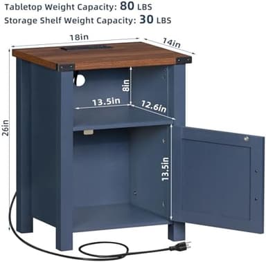 Night Stand with Charging Station and USB Port, 18 Inch Farmhouse Nightstand with Storage Shelf, Rustic Couch End Table with Magnetic Door, Wood Bed Side Tables for Bedroom, Home, Nayv Blue - Image 4
