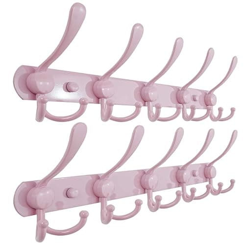 Dseap Coat Rack Wall Mounted - 5 Tri Hooks, Heavy Duty, Stainless Steel, Metal Coat Hook Rail for Coat Hat Towel Purse Robes Mudroom Bathroom Entryway (Pink, Pack of 2) - Image 1