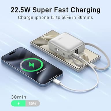 VINKO Portable Charger Power Bank, 10000mAh Travel Essentials Battery Pack, 22.5W Fast Charging USB C Charging Bank Built-in Cables Cords Wires Compatible with iPhone,Samsung,Android(White) - Image 4