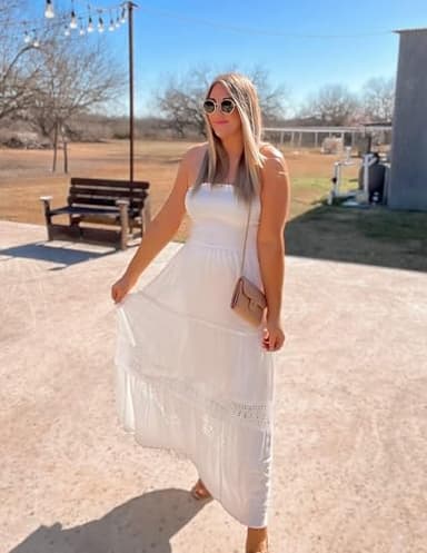 ZESICA Women's 2025 Summer Bohemian Strapless Off Shoulder Lace Trim Backless Flowy A Line Beach Long Maxi Dress,White,Small - Image 5