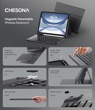CHESONA Keyboard Case for iPad (A16) 11th/10th Generation (2025/2022), Detachable Wireless Keyboard, Stand Folio Keyboard Cover with Pencil Holder, Thin & Light (Black) - Image 3