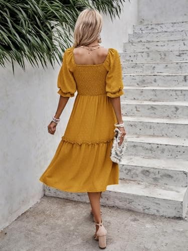 PRETTYGARDEN Women's Summer Casual Midi Dresses 2025 Spring Puff Sleeve Square Neck Smocked A-line Flowy Swiss Dot Beach Vacation Dress (Turmeric,S) - Image 2