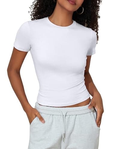 PrettyGuide Women's Casual Summer Basic Tops Crew Neck Short Sleeve Fitted T Shirt Trendy Baby Tee White M - Image 8