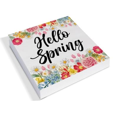 Spring Decor, Rustic Hello Spring Wood Sign Floral Art Decorations Tabletop Shelf Desk Home Decor, 5 X 5 Inches - Image 2