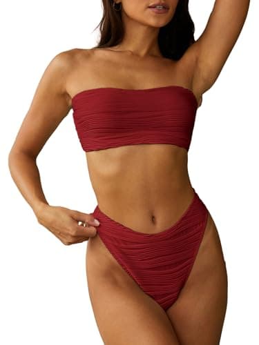 ZAFUL Women Strapless Textured Bandeau Bikini 2 Piece Swimwear Cheeky Solid Lace up Bathing Suits(1-Red,M) - Image 1
