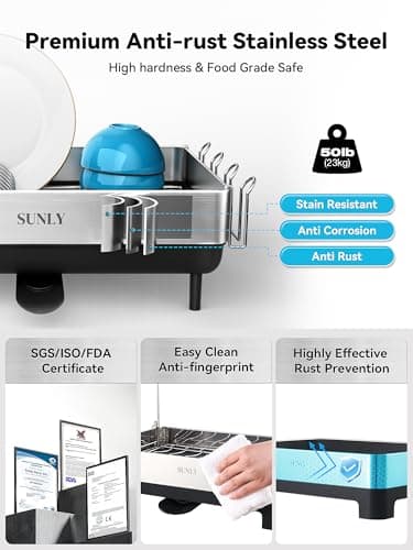 SUNLY Large Dish Drying Rack, Expandable Dish Racks for Kitchen Counter, Space Saving 304 Stainless Steel Drying Rack Kitchen, Extra Large Drainer with Multifunctional Flip Up Pegs, Gray - Image 4