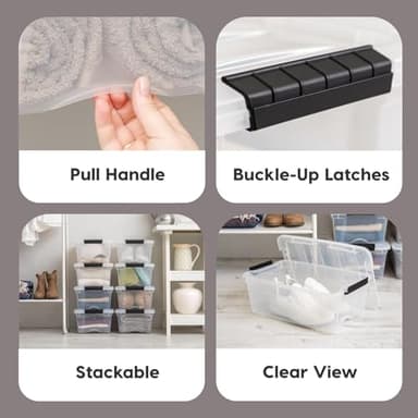 IRIS USA 13 Qt Stackable Plastic Storage Bins with Lids, 6 Pack - BPA-Free, Made in USA - See-Through Organizing Solution, Latches, Durable Nestable Containers, Secure Pull Handle - Clear - Image 3