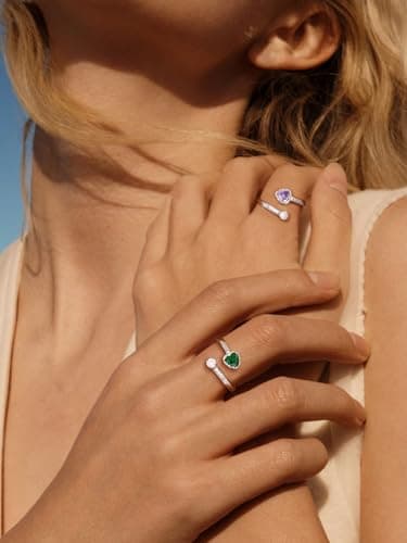 Silvora 925 Sterling Silver Heart Birthstone Adjustable Open Ring Dainty Birthstone Ring Birthstone Gemstone Rings Birthday Gift for Women - Image 5