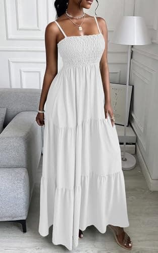 PRETTYGARDEN Women's Summer Maxi Dress 2025 Casual Boho Sleeveless Spaghetti Strap Smocked Tiered Long Beach Sun Dresses (White,S) - Image 5
