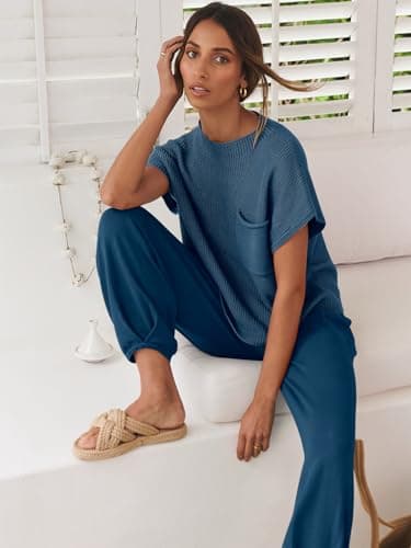 ANRABESS Women's Two Piece Outfits Knit Sweater Vest Crop Top Pants Lounge Matching Tracksuit Sweatsuit Travel Clothes Sets Deep Blue Small - Image 3