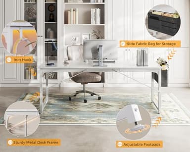 ODK Computer Desk Large Office Desk, 63 Inch Gaming Desk with Storage, Modern PC Work Table with Headphone Hook for Home Office, Splice Board, White + White Leg - Image 6