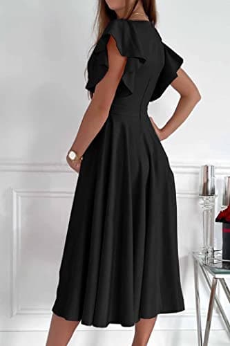 PRETTYGARDEN Summer Midi Dress 2025 Spring Ruffle Sleeve V Neck Cocktail Wedding Guest A Line Fit and Flared Dresses (Black,Small) - Image 3