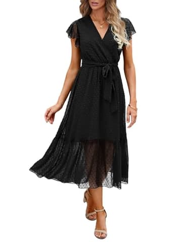 BTFBM Women Summer Bohemian Floral Casual Wrap V Neck Ruffle Cap Sleeveless Belt A-Line Pleated Hem Swing Midi Sun Dress (Swiss Dot Black, x_l) - Image 1