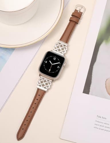 TOYOUTHS Compatible with Apple Watch Bands Women 42/44/45/46/49mm Dressy Slim Leather Strap with Celtic Knot Interlock Buckle for iWatch Band Series 11 10 9 8 7 6 5 4 SE/Ultra 3 2 1, Brown/Starlight - Image 4