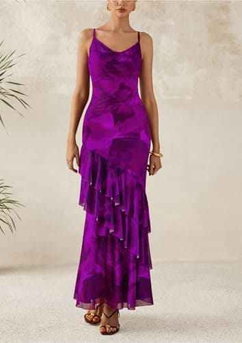 PRETTYGARDEN Maxi Dresses for Women 2025 Summer Tiered Floral Beach Sundress Spaghetti Strap Wedding Guest Long Dress (Print Purple,X-Small) - Image 4