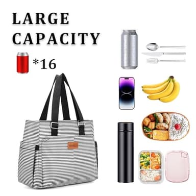 Large Women Lunch Bags/Insulated Adult Lunch Box/Leakproof Cooler Lunch Tote Bag with Storage Pocket. Reusable Lunch Purse for Work Picnic Hiking 12L, Stripe - Image 3