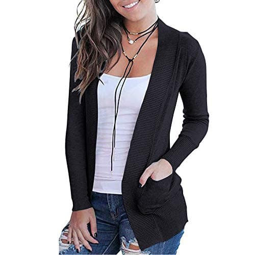 VOIANLIMO Women Open Front Casual Long Sleeve Knit Soft Classic Black Cardigan Sweater with Pocket M Size - Image 1