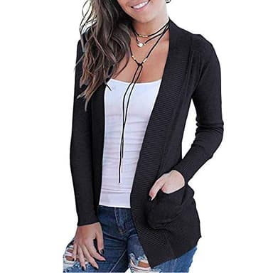 VOIANLIMO Women Open Front Casual Long Sleeve Knit Soft Classic Black Cardigan Sweater with Pocket M Size - Image 1