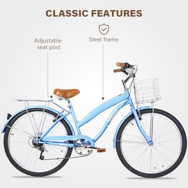 WEIZE Beach Cruiser Bike, 26 inch Commuter Bicycle for Adult Men and Women, 7-Speed/High-Carbon Steel/Front & Rear Fenders, Comfortable City Bikes with Rear Rack&Basket, Ergonomic Upright Design, Blue - Image 2