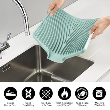 TIKNIK Silicone Dish Drying Mat, Stone Drying Mat for Kitchen Counter with Built-in Drain, Non-Slip 15.8" X 13" Drying Matt Kitchen Counter and Grey Microfiber Cleaning Cloth, Cleaning Rags Set(Mint) - Image 4