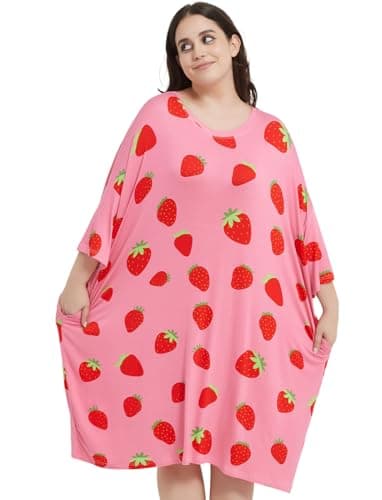 KFUBUO Plus Size Nightgowns for Women Oversized Sleep Tshirts Dress Pjs Lounge Short Sleeves Strawberry Sleepwear With Pocket Fit S-5XL - Image 3