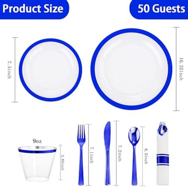 I00000 350 Pcs Dark Blue Plastic Plates,Clear Disposable Plates for 50 Guests,Blue Dinnerware Include 50 Dinner Plate 50 Dessert Plate,50 Cups,50 Pre Rolled Napkins with Cutlery Set for Party,Wedding - Image 4