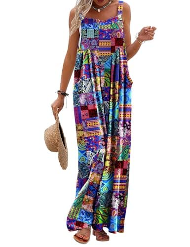 YESNO Women's Summer Casual Overalls Loose Wide Leg Jumpsuits Boho Floral Printed Baggy Rompers with Pockets M PZH P002B - Image 1