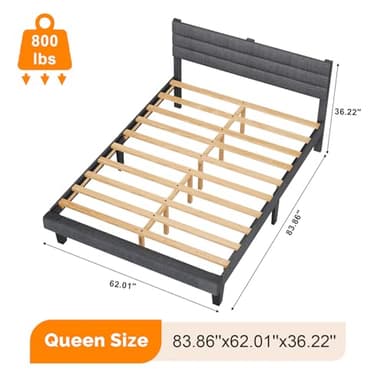 VINGLI Platform Bed Frame Queen Size with Linen Fabric Headboard,Modern Panel Low Profile Bed with Upholstered & Sturdy Slats Support for Bedroom, Mattress Foundation, Dark Gray - Image 2