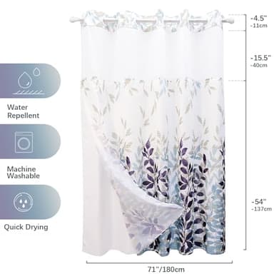 VIUOON No Hook Shower Curtain with Snap-in Fabric Liner Set, Double Layers Heavy Duty Fabric Large Leaf Pattern Bathroom Curtain with See Through Top, Hotel Grade, Machine Washable, 71Wx74L - Image 3