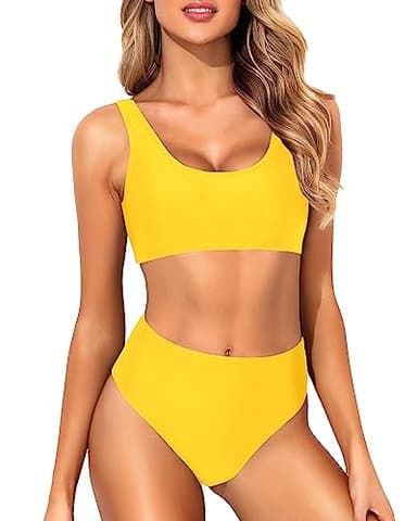 Tempt Me Women Neon Yellow Two Piece Scoop Neck Bikini Crop Top Swimsuit Sporty High Waisted Bathing Suit S - Image 5