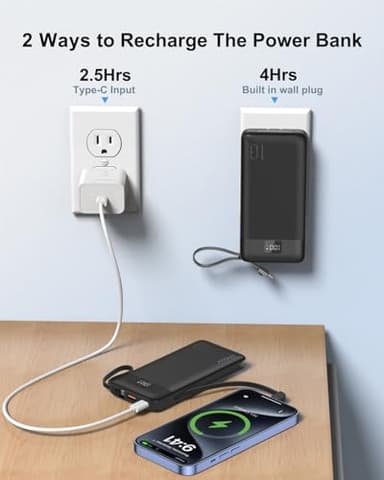 ANOUV Portable Charger with Built-in Cables&AC Wall Plug,10000mAh Power Bank,PD 22.5W USB-C Fast Charging External Battery Pack with LED Display Compatible with iPhones and All Smart Device（1 Pack） - Image 6