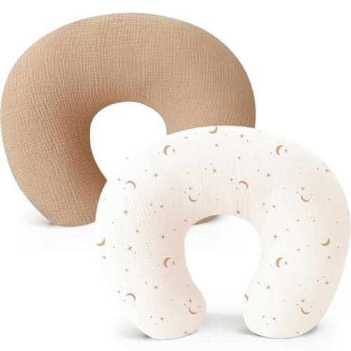 Konssy Muslin Nursing Pillow Covers, Soft and Cute Nursing Covers for Breastfeeding Pillows, Ideal for Newborn Baby Boys and Girls (Camel, Moon) - 2 Pack - Image 1