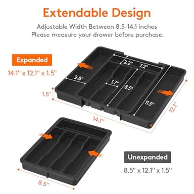 Lifewit Silverware Drawer Organizer, Expandable Utensil Tray for Kitchen, BPA Free Flatware and Cutlery Holder, Adjustable Plastic Storage for Spoons Forks Knives, 8.5"-14.1" x 12.1", Black - Image 2