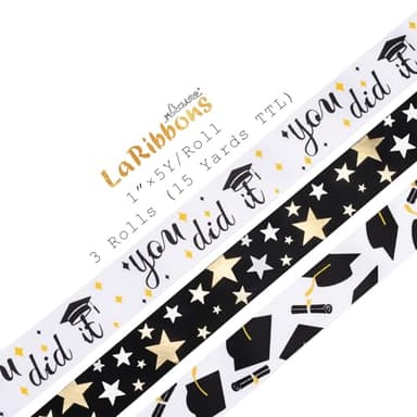 LaRibbons Graduation Ribbon 3 Rolls 1 Inch x 15 Yards TTL, Black and White Gold Congrats Grad Satin Ribbon for Gift Wrapping Class of 2025 Grad Party Decorations DIY Crafts Lei Making - Image 5