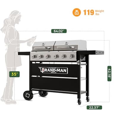 Brand-Man Griddle Grill Combo 6-Burner, 2 in 1 Versatile Propane Gas Grill and Griddle with Double Stainless Steel Lids, BBQ Combo for Outdoor Kitchen & Backyard Barbecue Cooking - Image 9