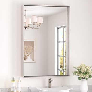 Keonjinn 24 x 36 In Brushed Nickel Bathroom Mirror, Rectangular Metal Framed Wall Vanity Mirror for Over Sink Square Corner Aluminum Alloy Modern Farmhouse Rectangle Silver Mirror(Horizontal/Vertical) - Image 1