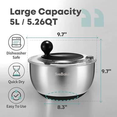 SveBake 5.3Qt Stainless Steel Salad Spinner with Stop Button, BPA-Free Vegetable Lettuce Spinner, Transparent Lid & Drainage Hole, Non-Slip Base, Dishwasher Safe Fruit Washer - Image 3
