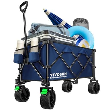 VIVOSUN Collapsible Folding Wagon, Outdoor Utility with Silent All-Terrain Beach Wheels, Adjustable Handle, Cup Holders & Side Pockets, for Camping, Beach, Shopping, Garden, Sports, Picnic, Blue - Image 1